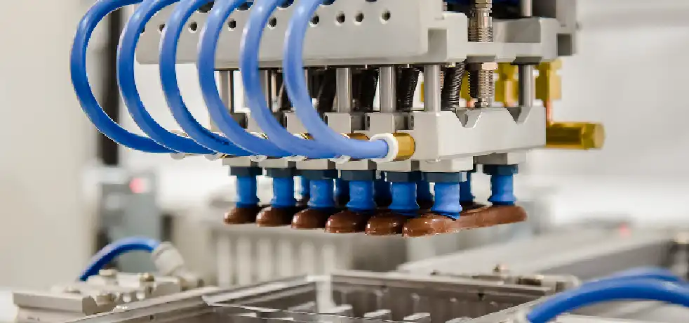 Célula robotizada para manipulação de produtos e inspeção de qualidade.