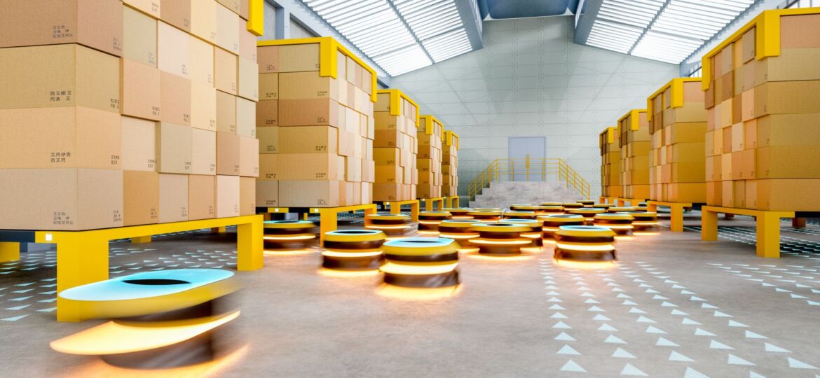 Automated robot carriers in modern distribution warehouse
