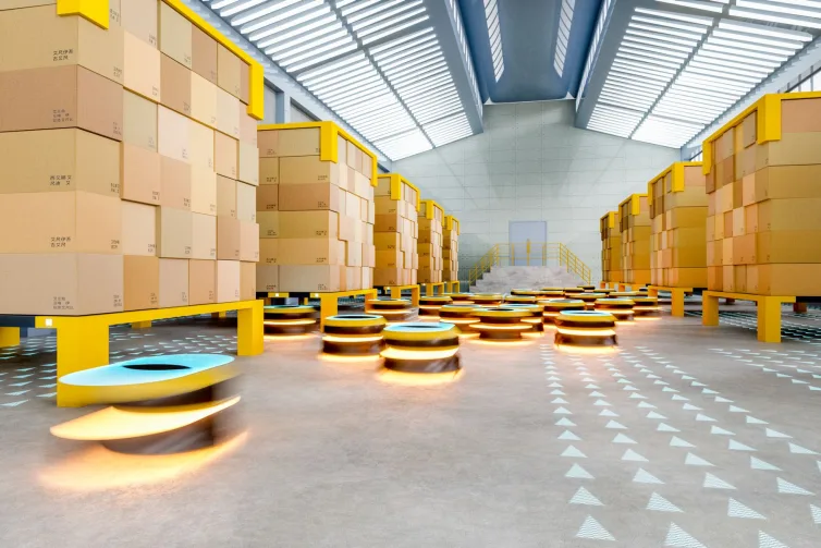 Automated robot carriers in modern distribution warehouse